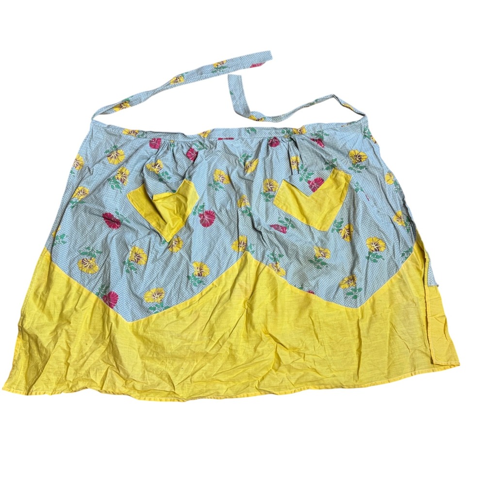 Vintage Hand Made Yellow Pink Floral Blue Plaid Half‎ Kitchen Apron